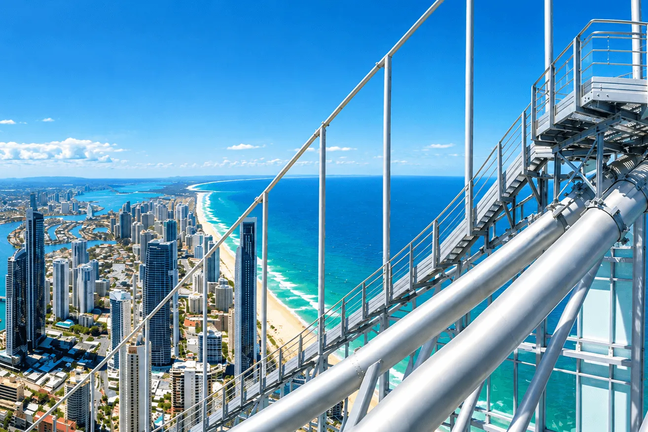 The SkyPoint Climb stairway and safety rail on the Q1 spire, high above the Surfers Paradise towers, the beach and the Nerang River